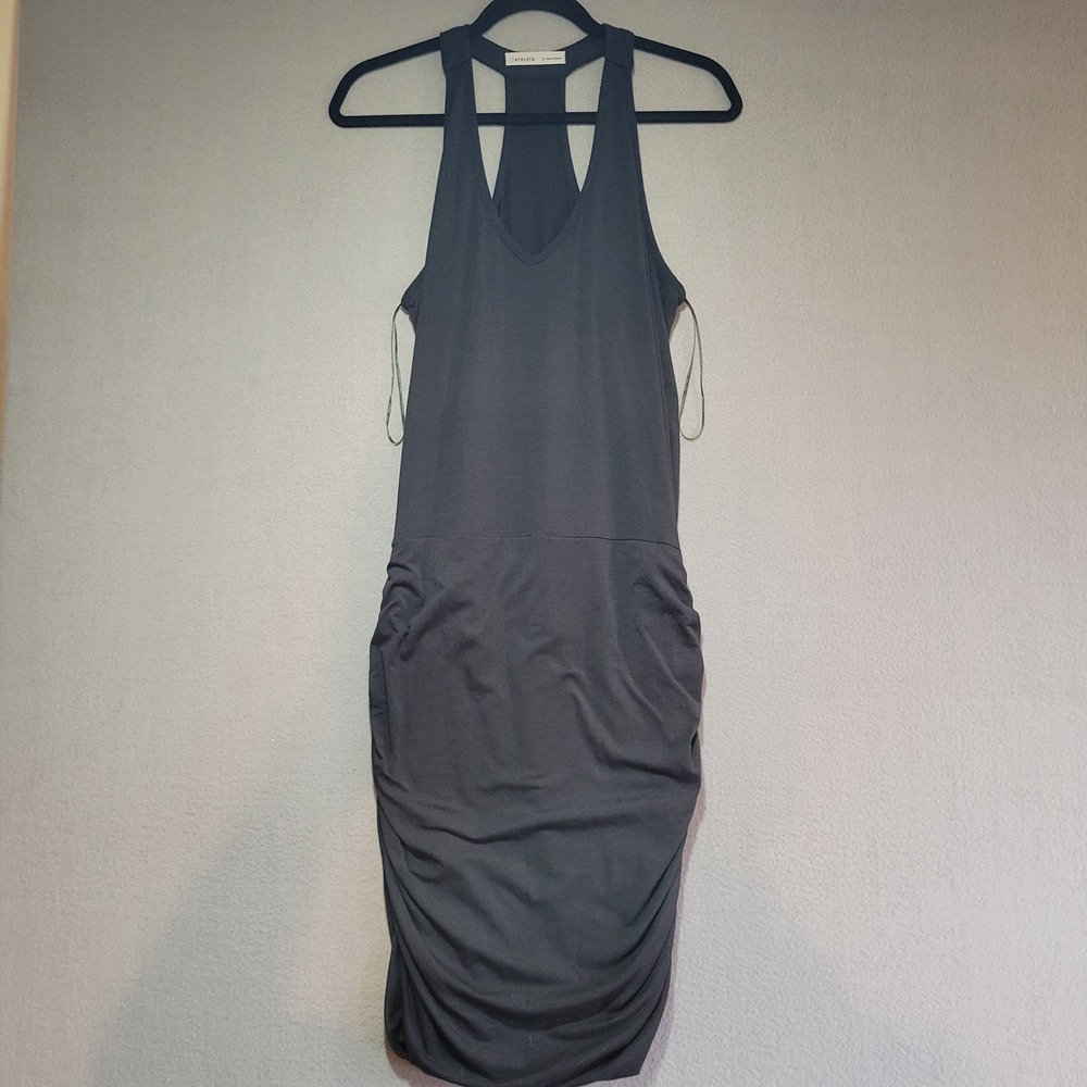 Athleta Womens Medium‎ Gray Ruched Racerback V-Neck Sleeveless Midi Dress